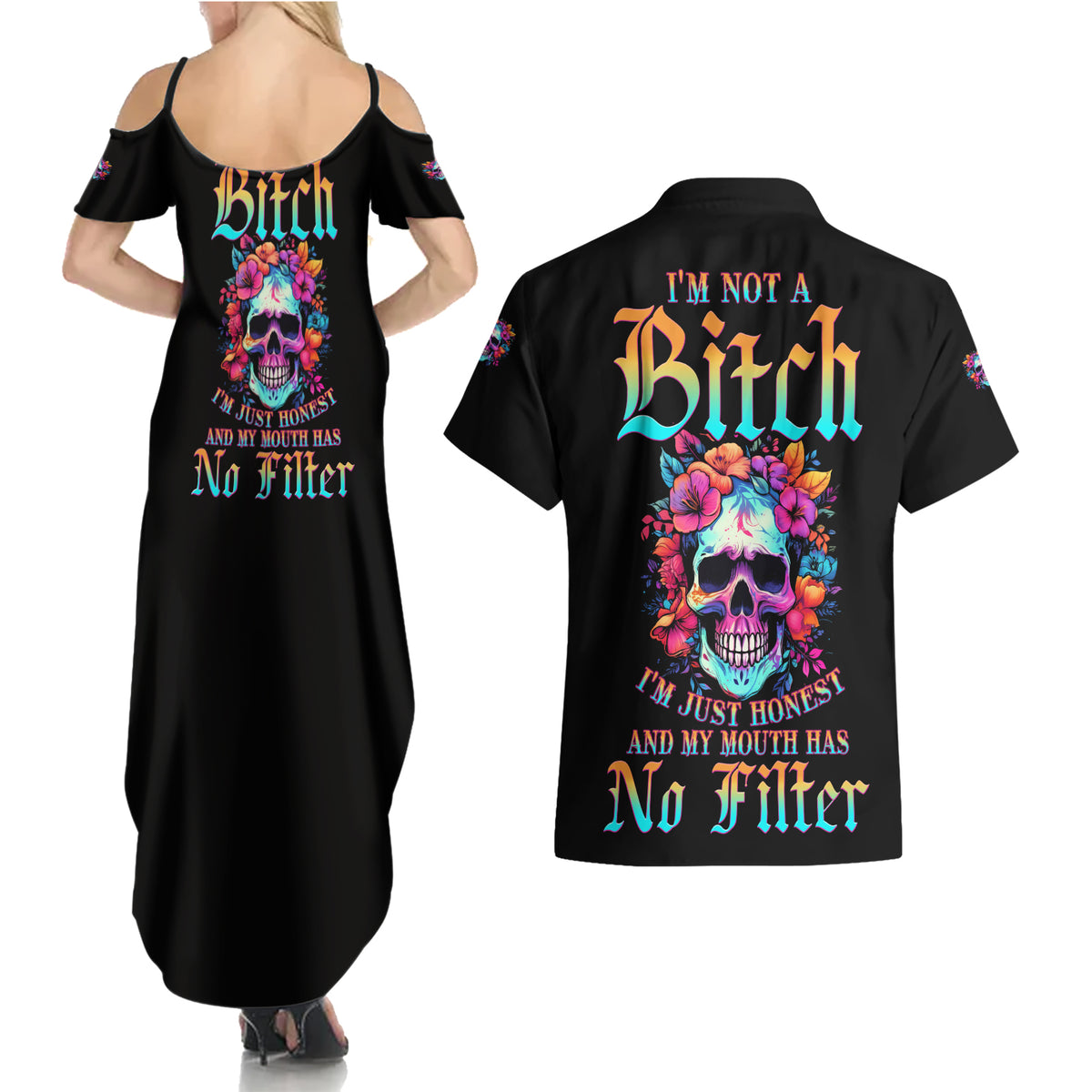 I'm Not A B I'm Just Honest Skull Roses Colorful Couples Matching Summer Maxi Dress and Hawaiian Shirt - Wonder Print Shop