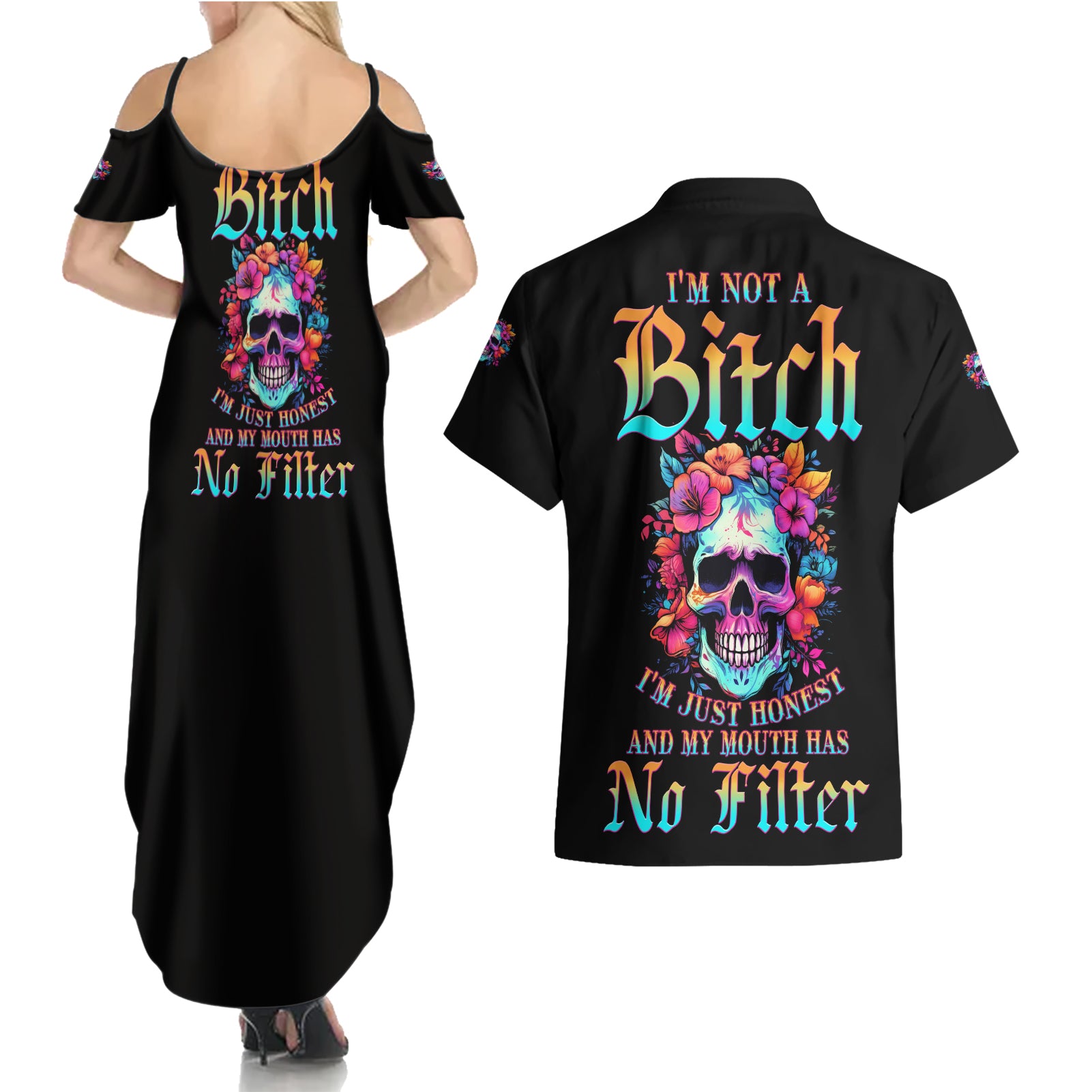 I'm Not A B I'm Just Honest Skull Roses Colorful Couples Matching Summer Maxi Dress and Hawaiian Shirt - Wonder Print Shop