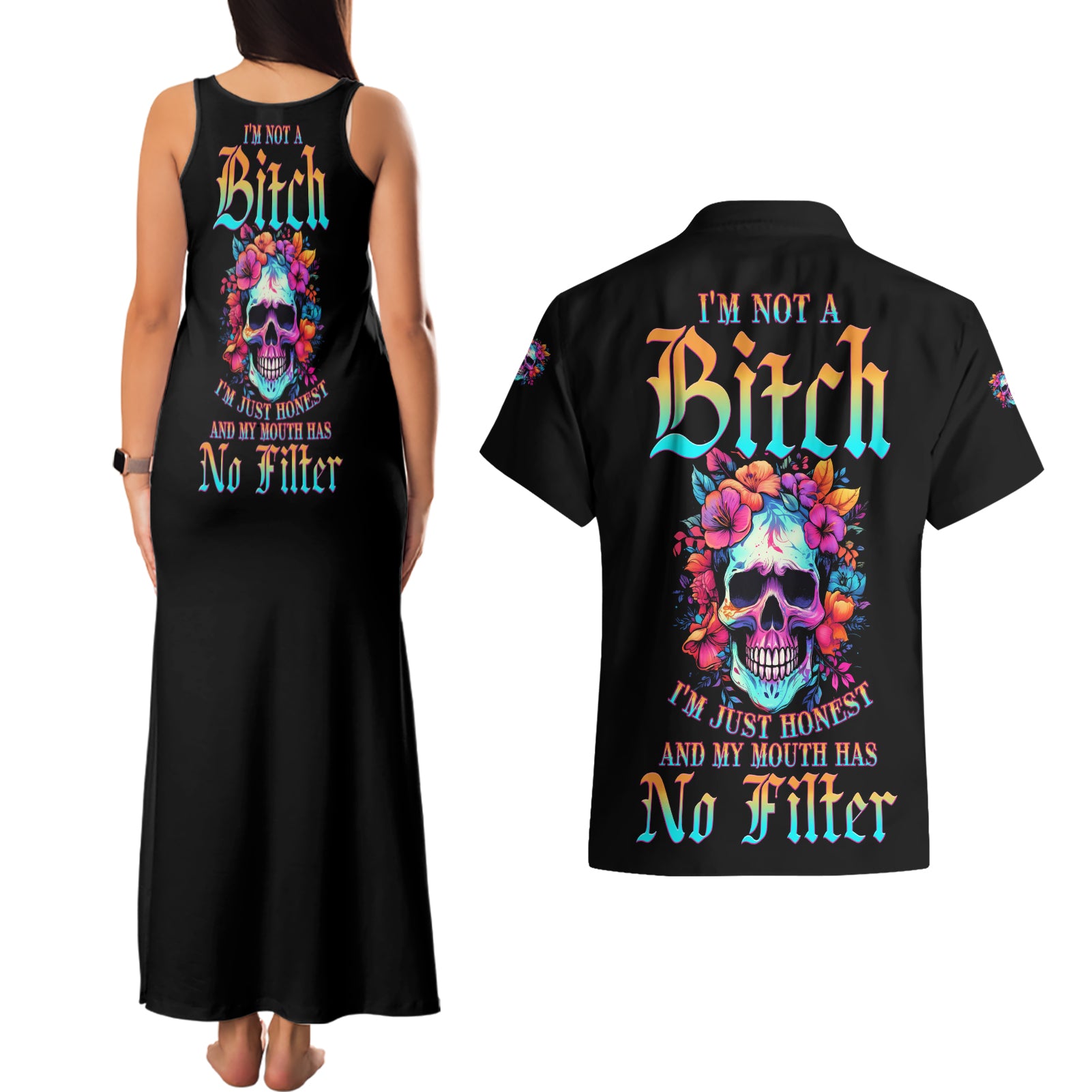 I'm Not A B I'm Just Honest Skull Roses Colorful Couples Matching Tank Maxi Dress and Hawaiian Shirt - Wonder Print Shop