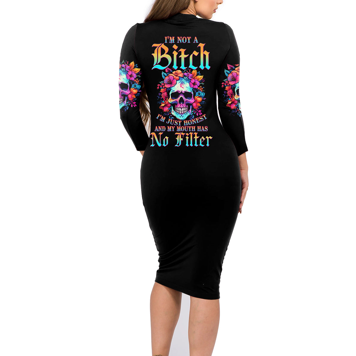 I'm Not A B I'm Just Honest Skull Roses Colorful Family Matching Long Sleeve Bodycon Dress and Hawaiian Shirt - Wonder Print Shop