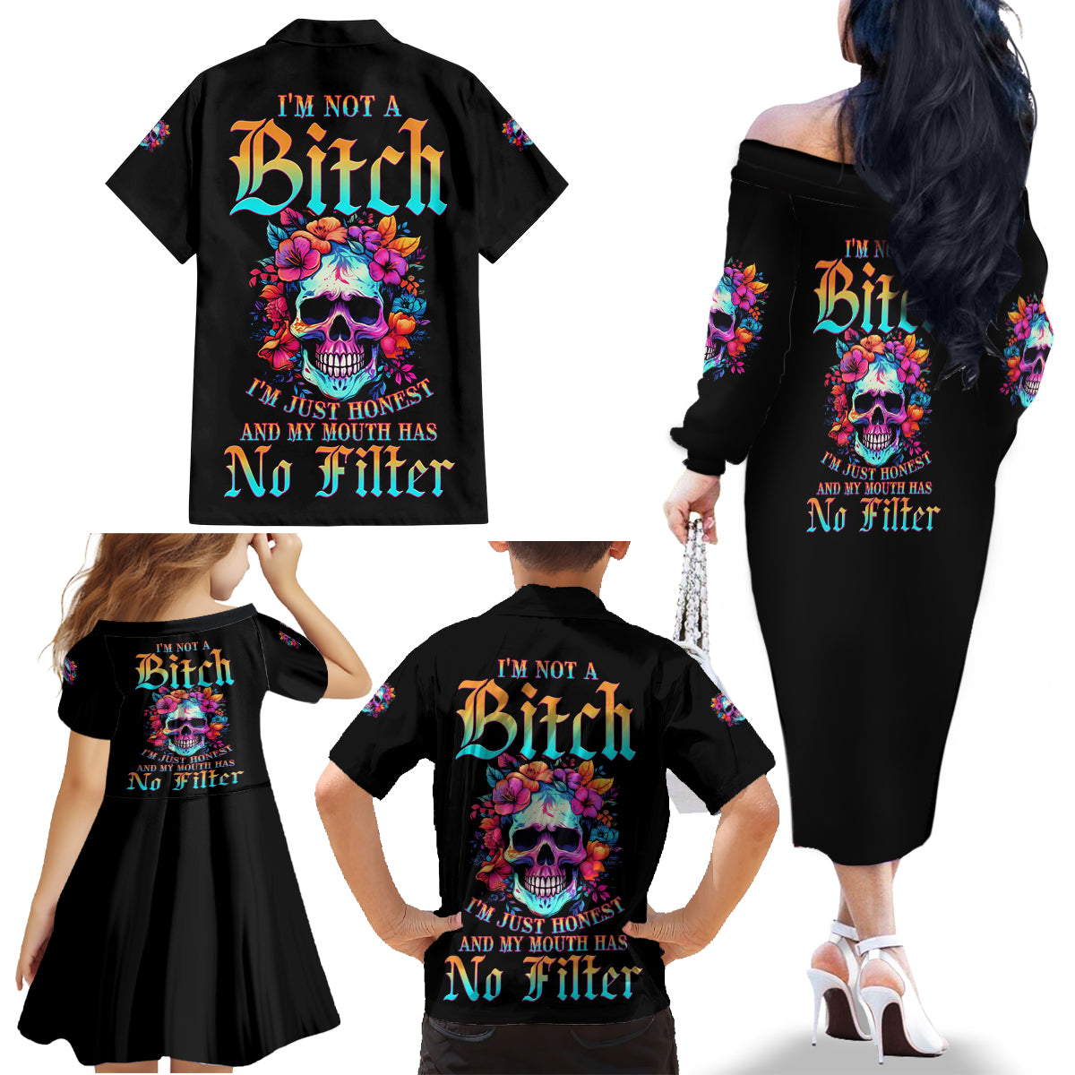 I'm Not A B I'm Just Honest Skull Roses Colorful Family Matching Off Shoulder Long Sleeve Dress and Hawaiian Shirt - Wonder Print Shop