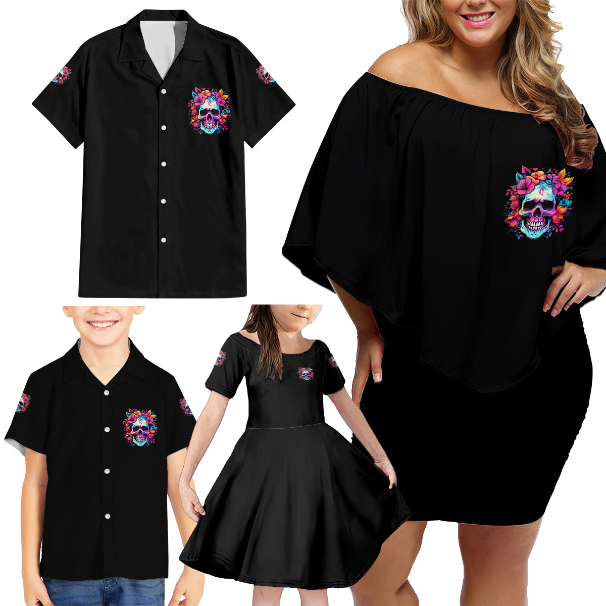 I'm Not A B I'm Just Honest Skull Roses Colorful Family Matching Off Shoulder Short Dress and Hawaiian Shirt - Wonder Print Shop