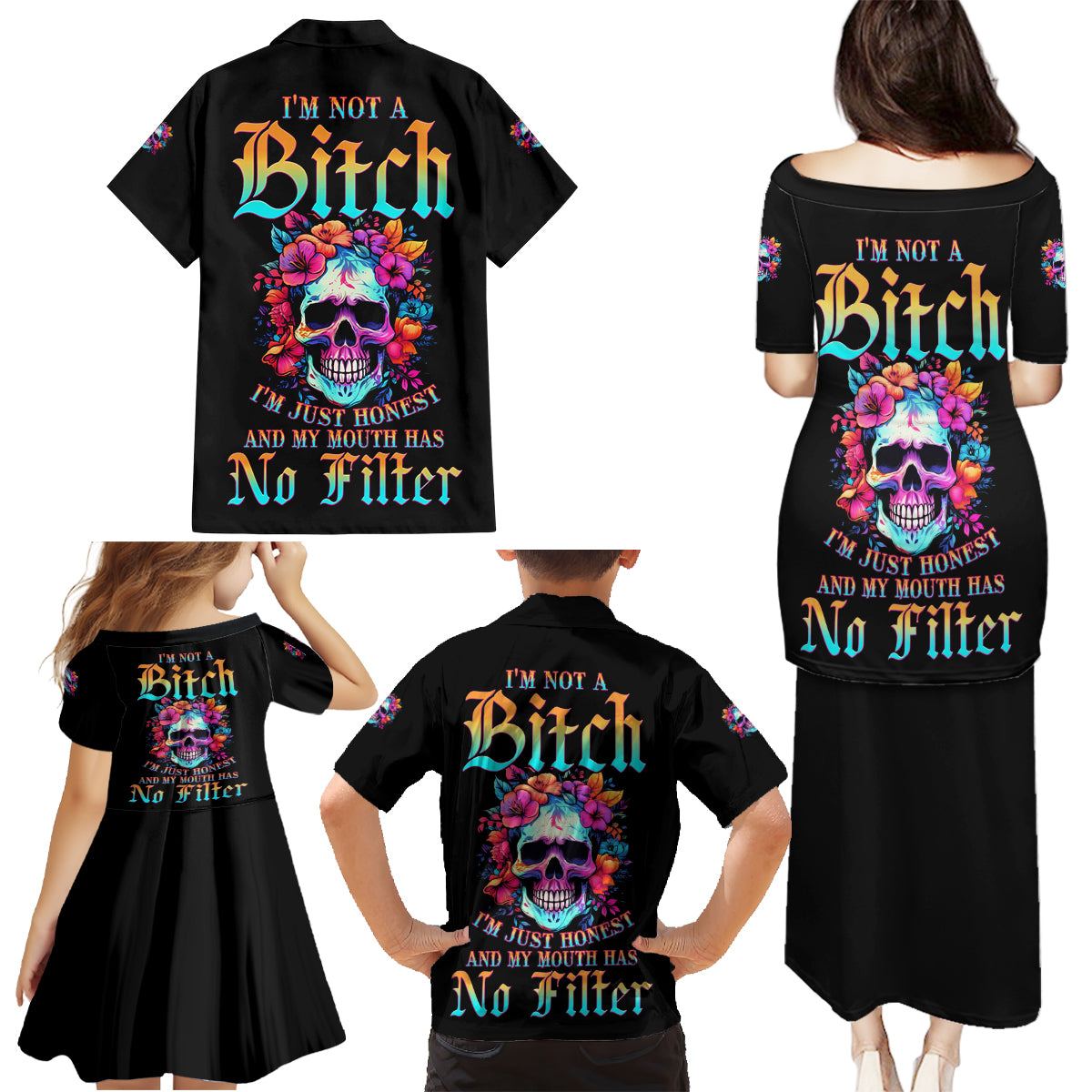 I'm Not A B I'm Just Honest Skull Roses Colorful Family Matching Puletasi Dress and Hawaiian Shirt - Wonder Print Shop