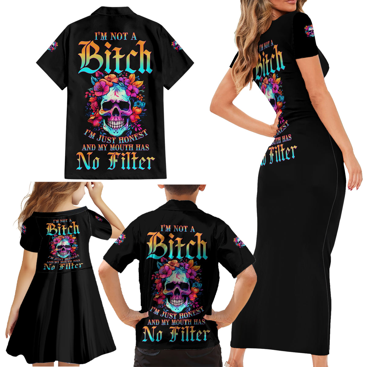 I'm Not A B I'm Just Honest Skull Roses Colorful Family Matching Short Sleeve Bodycon Dress and Hawaiian Shirt - Wonder Print Shop