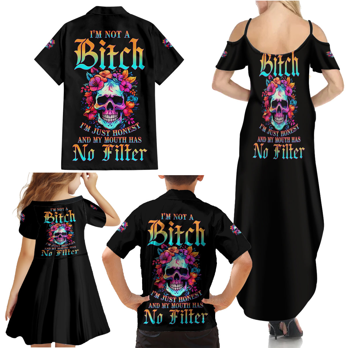 I'm Not A B I'm Just Honest Skull Roses Colorful Family Matching Summer Maxi Dress and Hawaiian Shirt - Wonder Print Shop