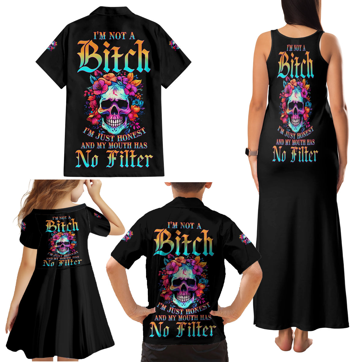 I'm Not A B I'm Just Honest Skull Roses Colorful Family Matching Tank Maxi Dress and Hawaiian Shirt - Wonder Print Shop