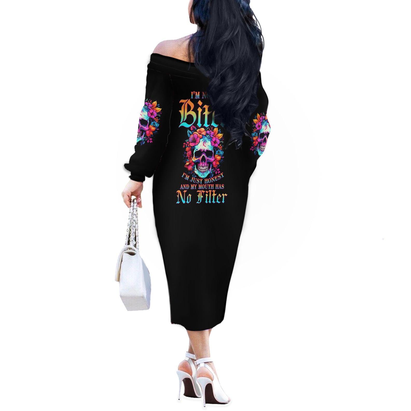 I'm Not A B I'm Just Honest Skull Roses Colorful Off The Shoulder Long Sleeve Dress - Wonder Print Shop