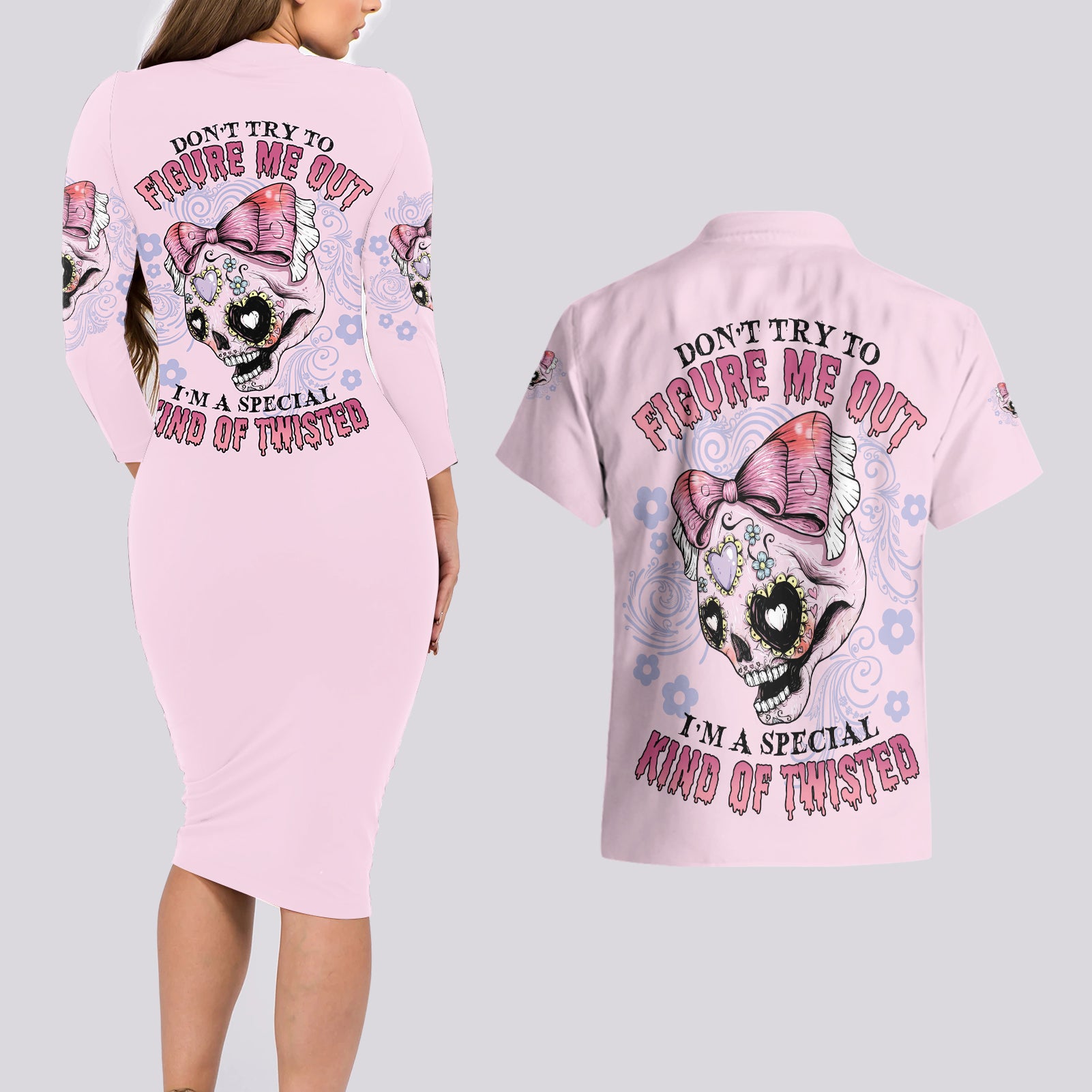 Don't Try To Figure Me Out Couples Matching Long Sleeve Bodycon Dress and Hawaiian Shirt - Wonder Print Shop