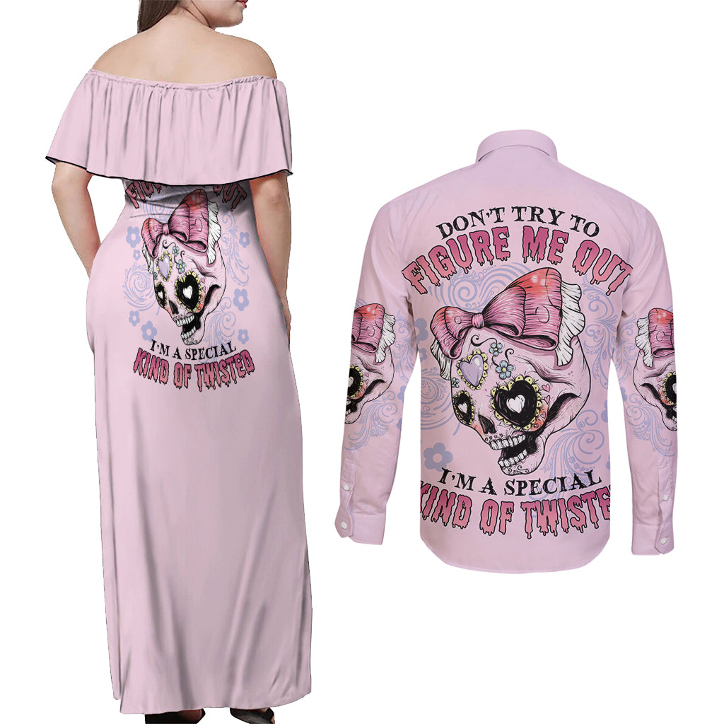 Don't Try To Figure Me Out Couples Matching Off Shoulder Maxi Dress and Long Sleeve Button Shirt - Wonder Print Shop