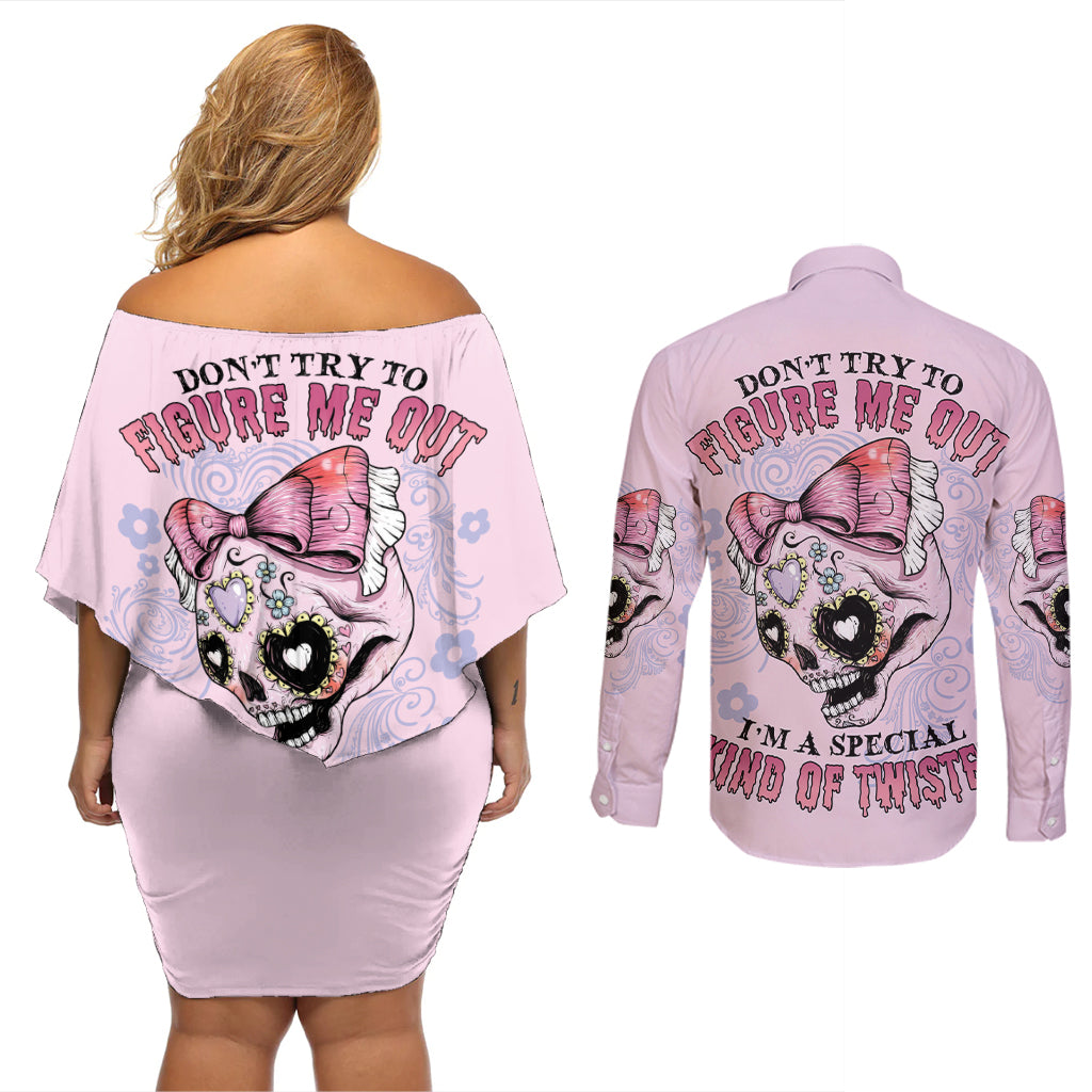 Don't Try To Figure Me Out Couples Matching Off Shoulder Short Dress and Long Sleeve Button Shirt - Wonder Print Shop