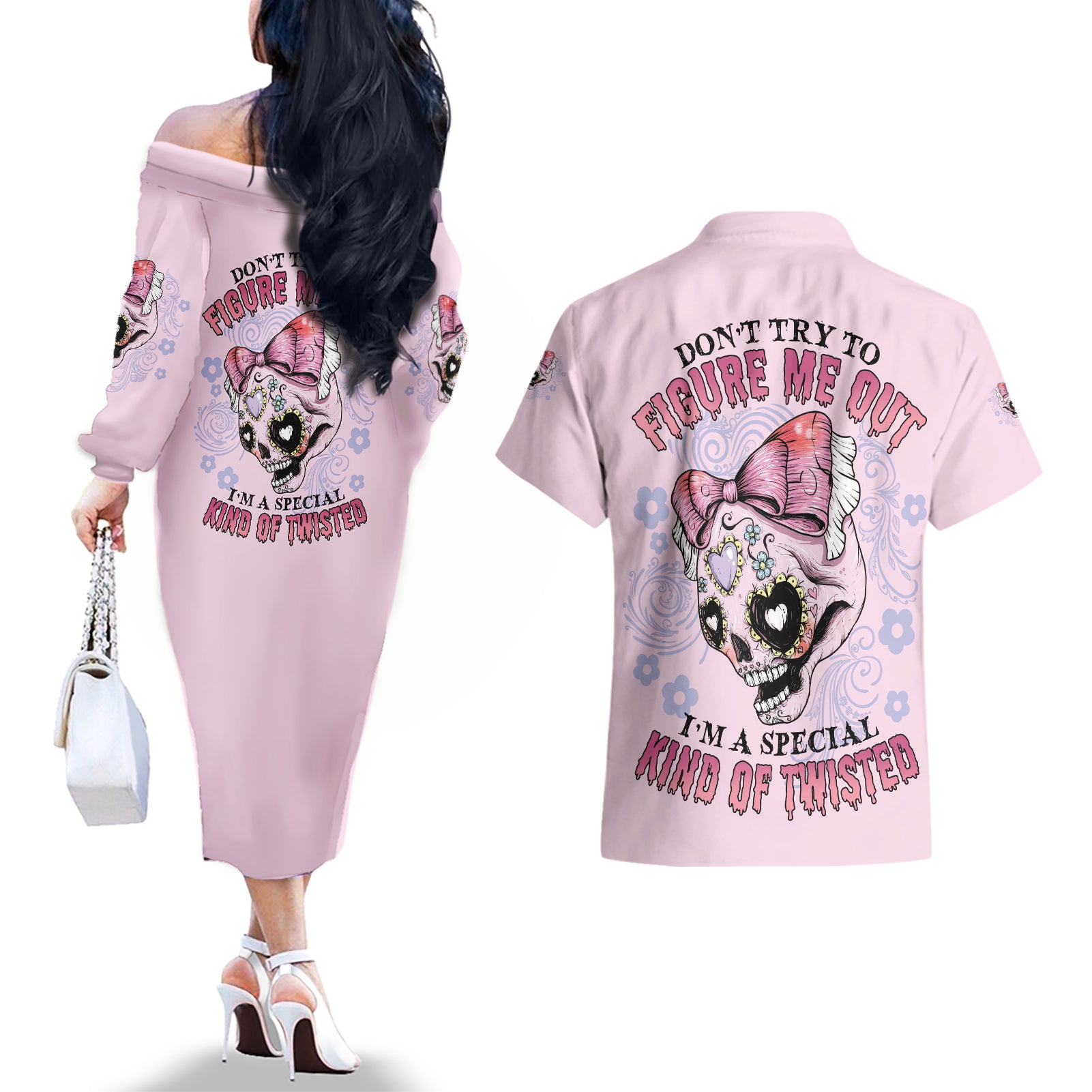 Don't Try To Figure Me Out Couples Matching Off The Shoulder Long Sleeve Dress and Hawaiian Shirt - Wonder Print Shop