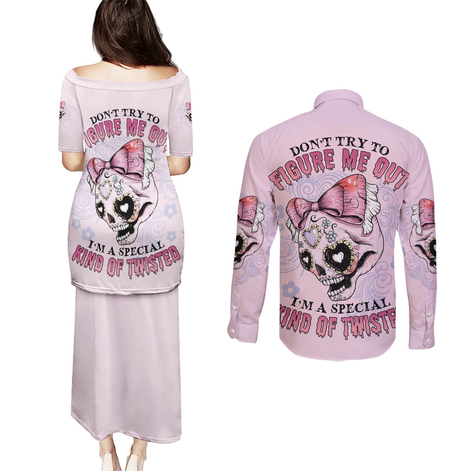 Don't Try To Figure Me Out Couples Matching Puletasi Dress and Long Sleeve Button Shirt - Wonder Print Shop
