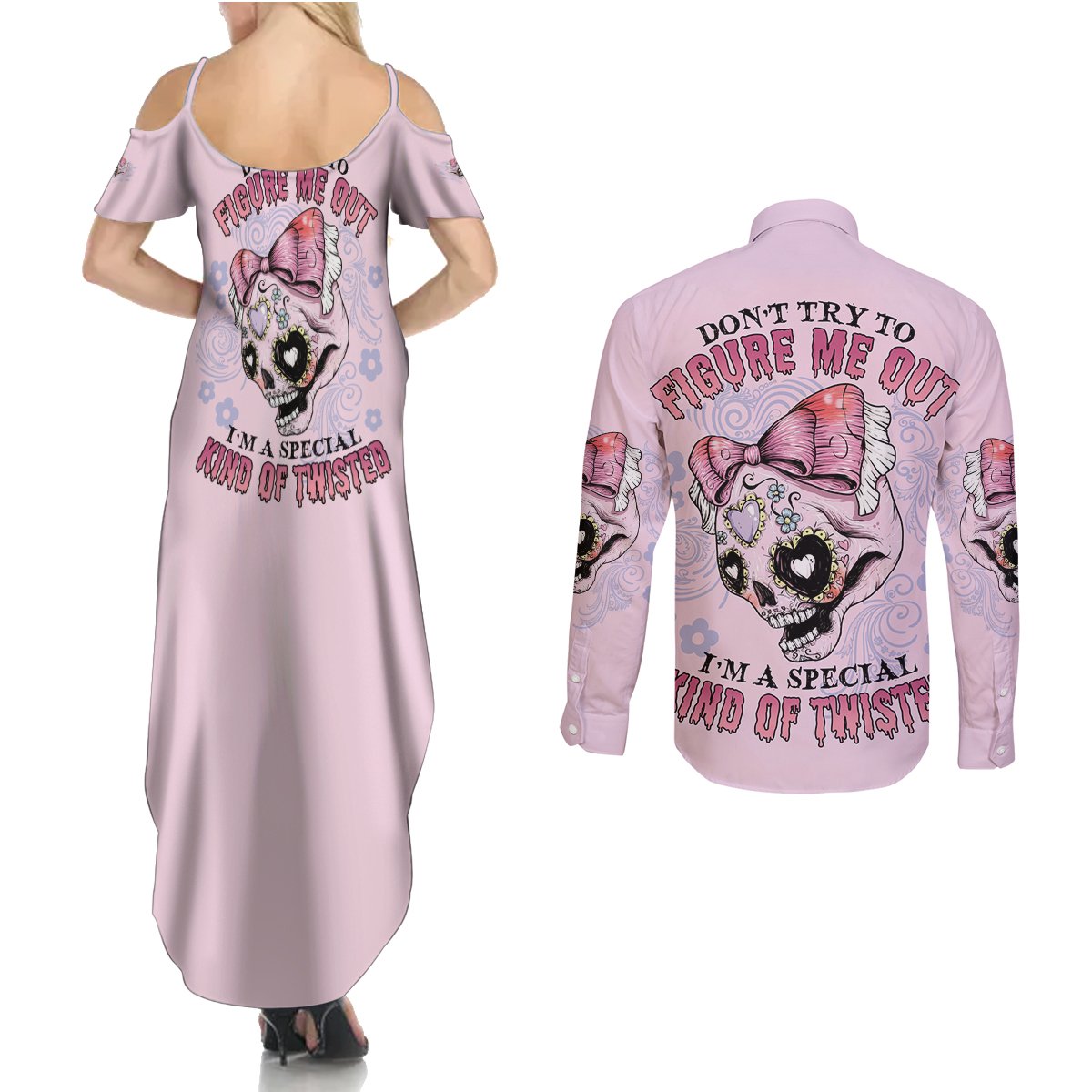Don't Try To Figure Me Out Couples Matching Summer Maxi Dress and Long Sleeve Button Shirt - Wonder Print Shop