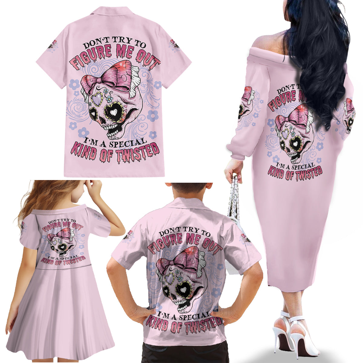 Don't Try To Figure Me Out Family Matching Off Shoulder Long Sleeve Dress and Hawaiian Shirt - Wonder Print Shop