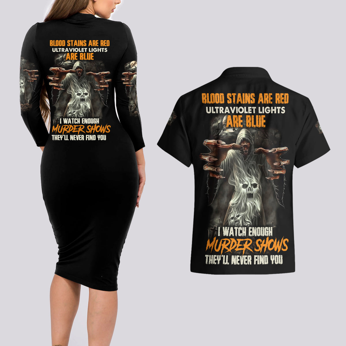 They'll Never Find You Couples Matching Long Sleeve Bodycon Dress and Hawaiian Shirt - Wonder Print Shop