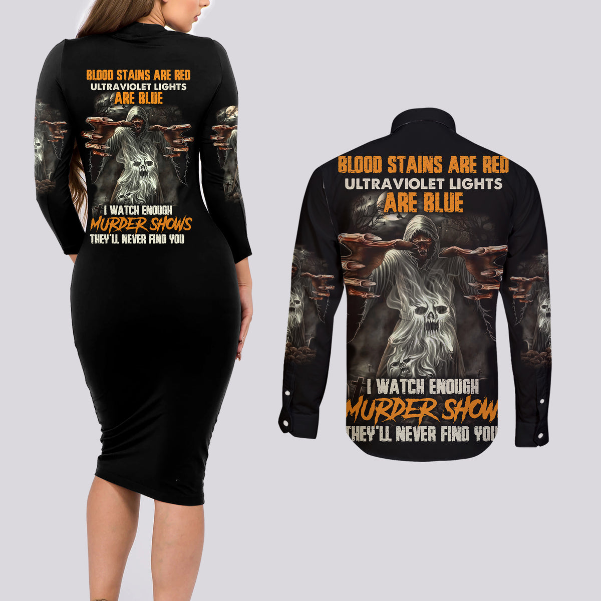 They'll Never Find You Couples Matching Long Sleeve Bodycon Dress and Long Sleeve Button Shirt - Wonder Print Shop