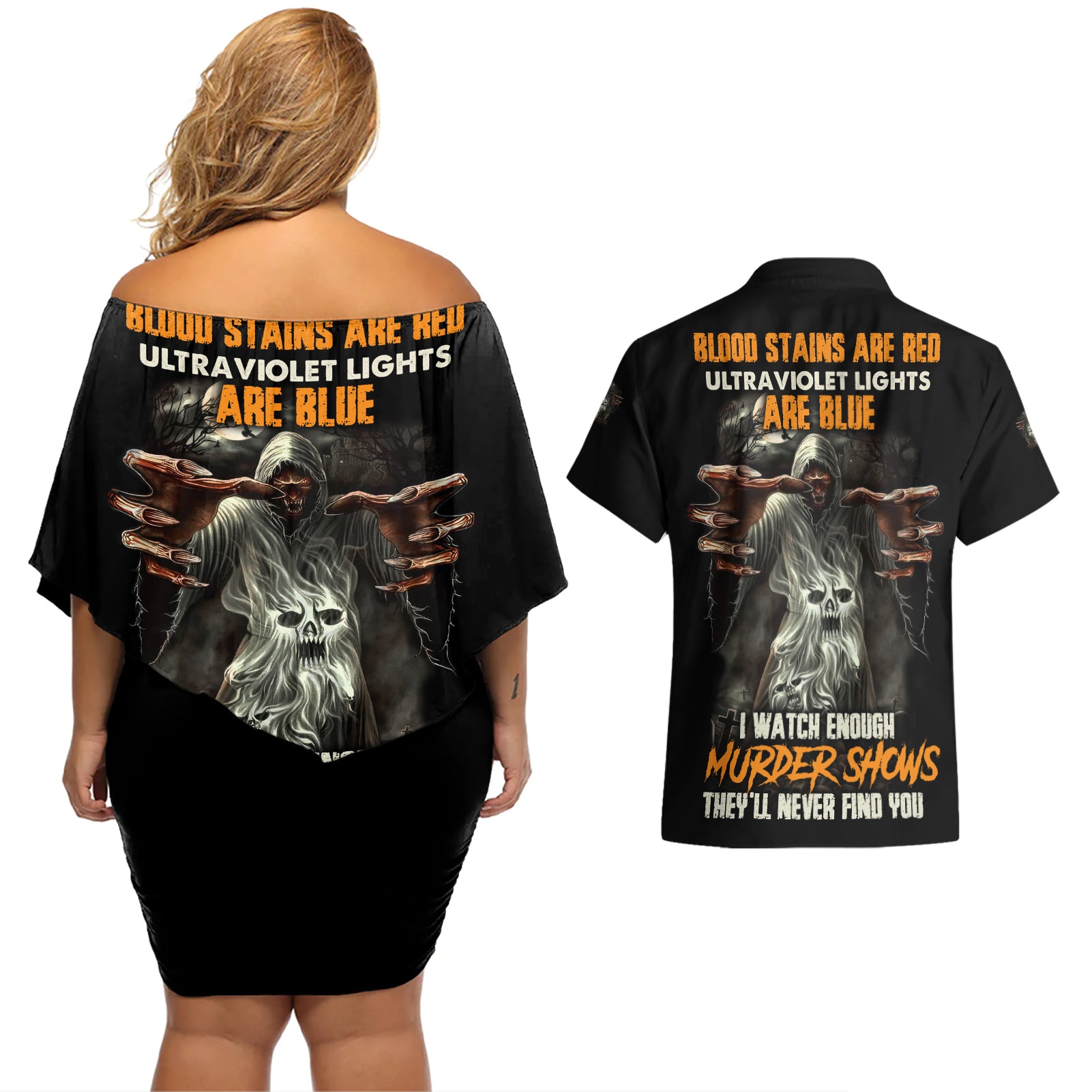 They'll Never Find You Couples Matching Off Shoulder Short Dress and Hawaiian Shirt - Wonder Print Shop