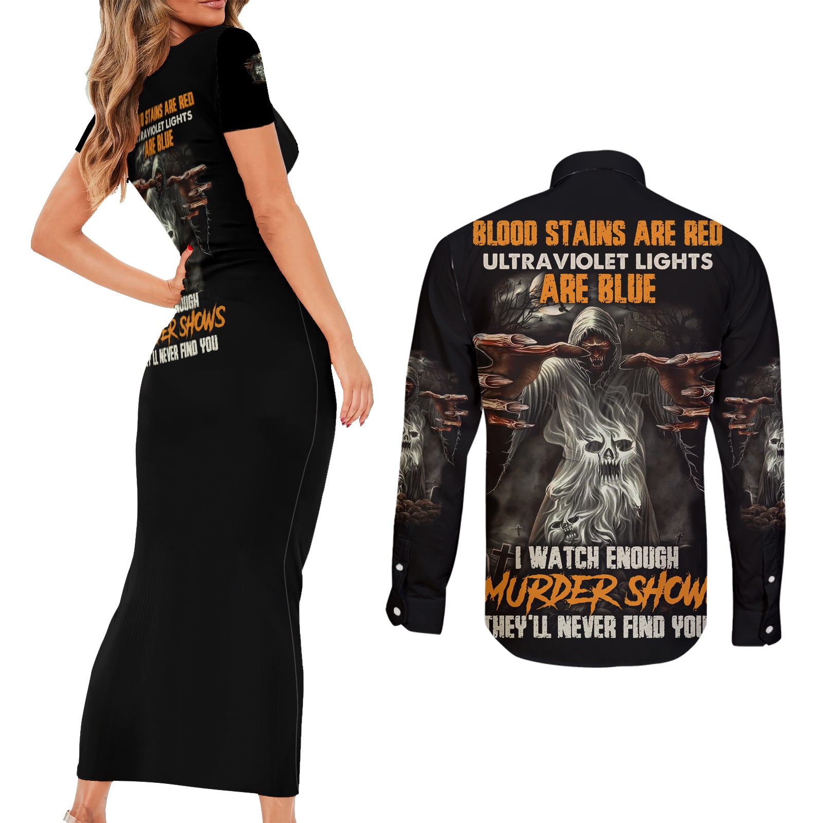 They'll Never Find You Couples Matching Short Sleeve Bodycon Dress and Long Sleeve Button Shirt - Wonder Print Shop