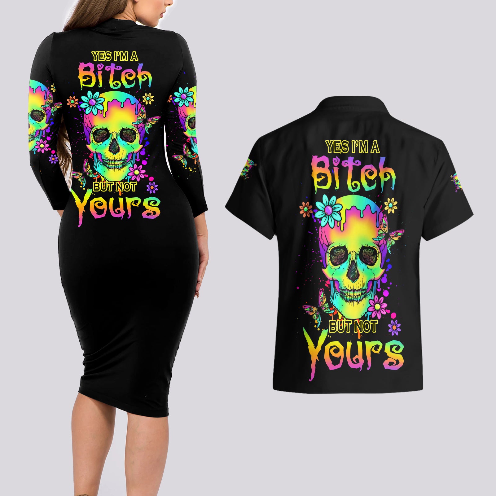 Yes I'm A B But Not Yours Couples Matching Long Sleeve Bodycon Dress and Hawaiian Shirt - Wonder Print Shop