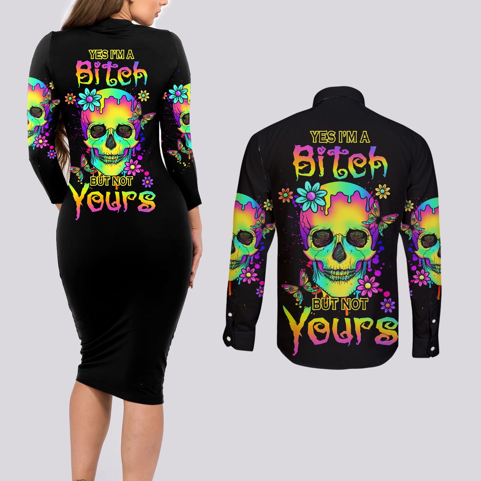 Yes I'm A B But Not Yours Couples Matching Long Sleeve Bodycon Dress and Long Sleeve Button Shirt - Wonder Print Shop