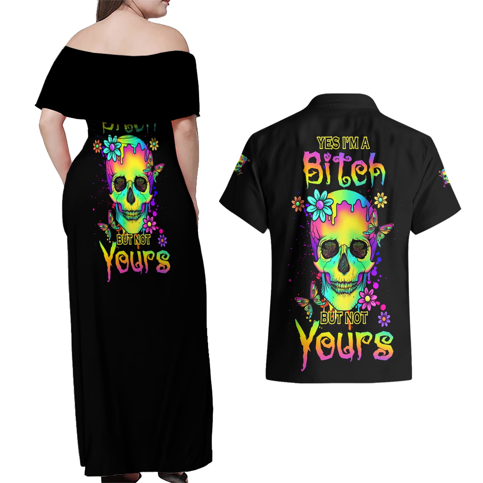 Yes I'm A B But Not Yours Couples Matching Off Shoulder Maxi Dress and Hawaiian Shirt - Wonder Print Shop