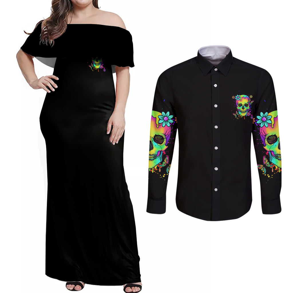 Yes I'm A B But Not Yours Couples Matching Off Shoulder Maxi Dress and Long Sleeve Button Shirt - Wonder Print Shop
