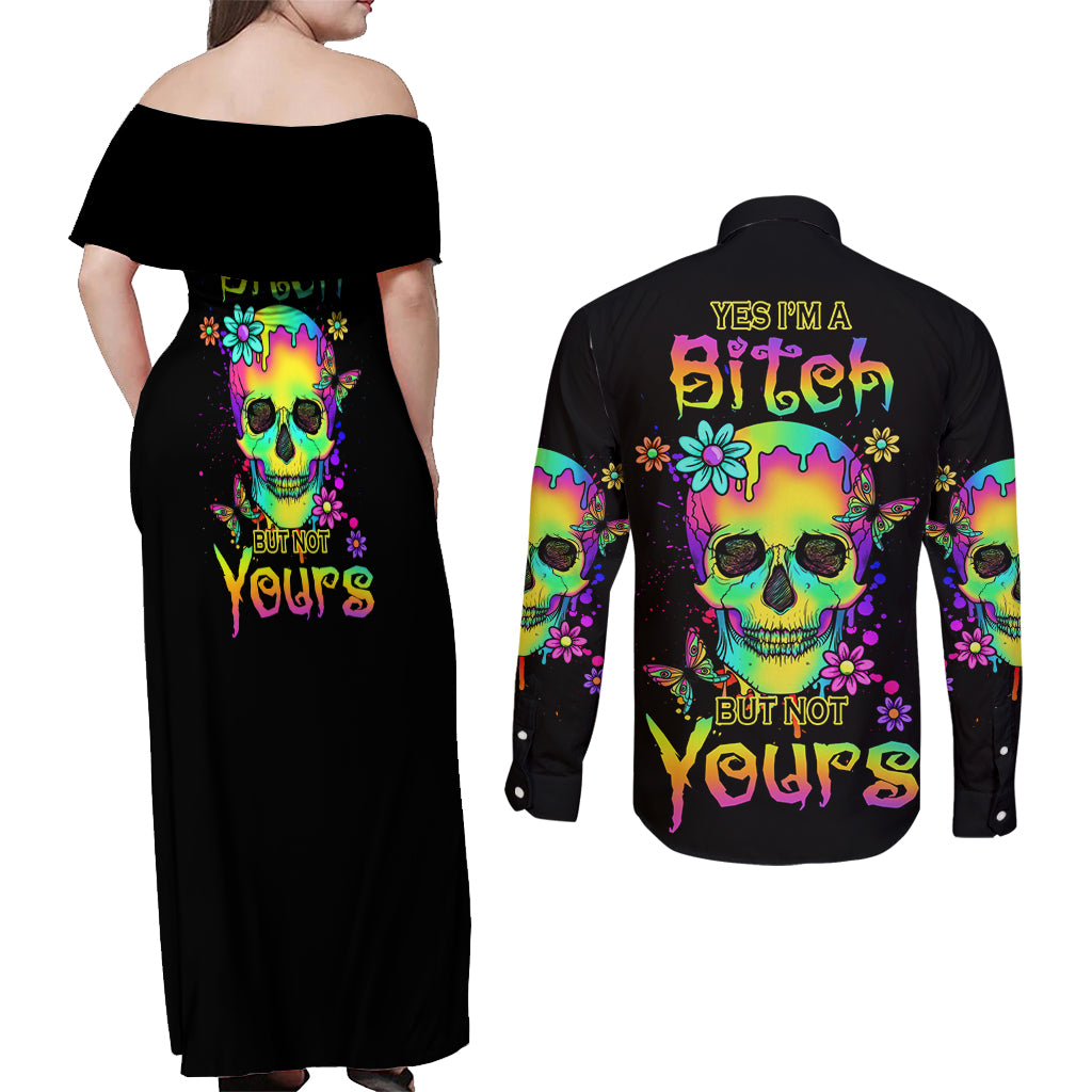 Yes I'm A B But Not Yours Couples Matching Off Shoulder Maxi Dress and Long Sleeve Button Shirt - Wonder Print Shop