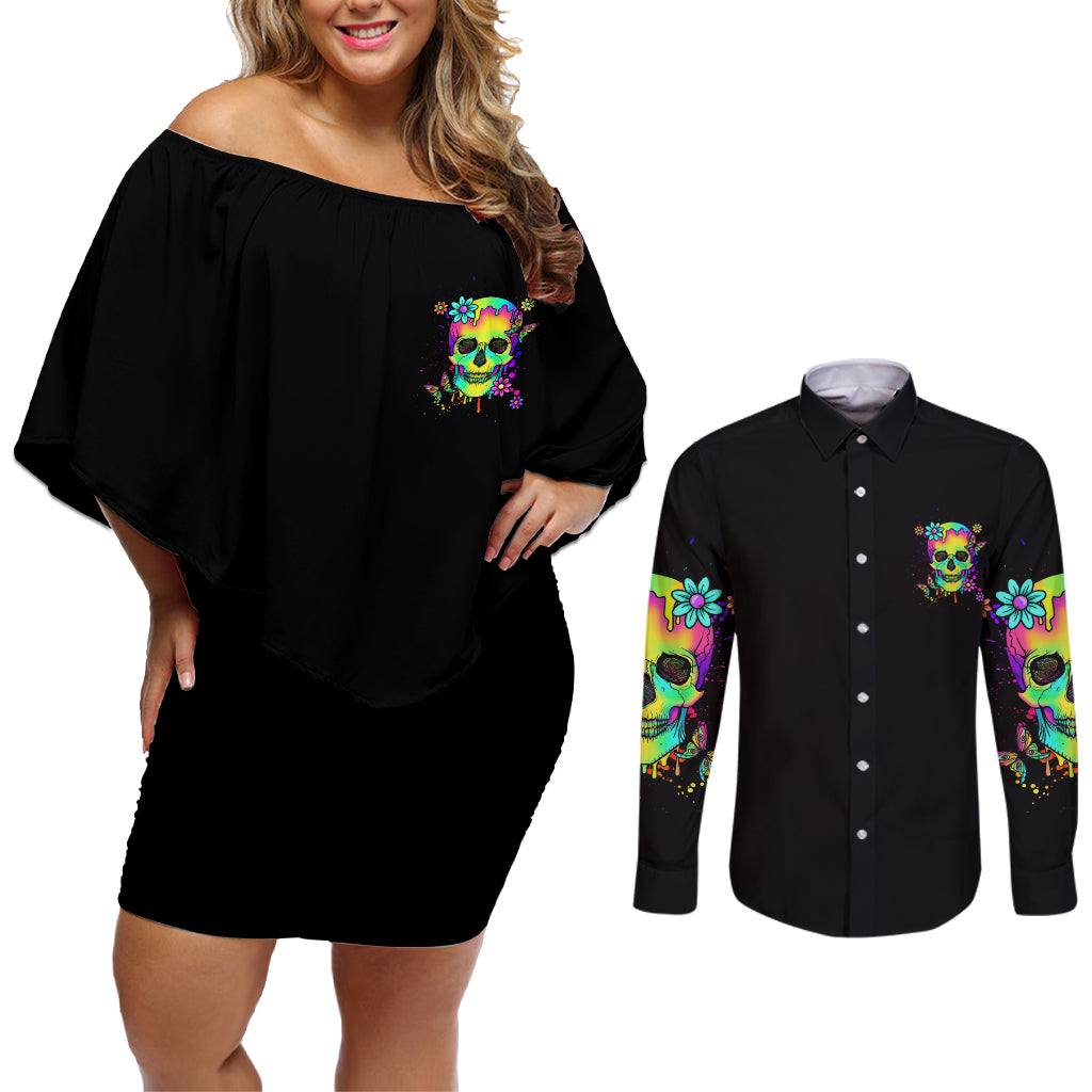 Yes I'm A B But Not Yours Couples Matching Off Shoulder Short Dress and Long Sleeve Button Shirt - Wonder Print Shop