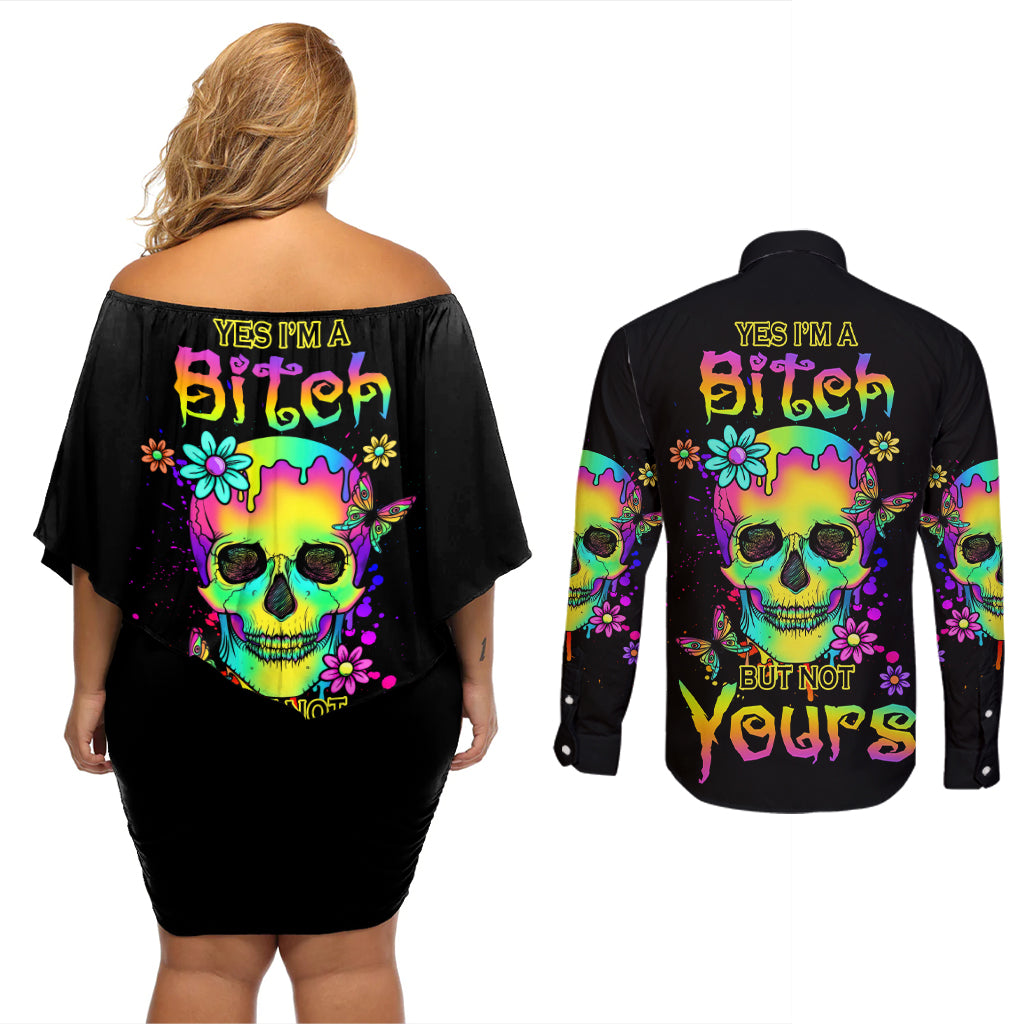 Yes I'm A B But Not Yours Couples Matching Off Shoulder Short Dress and Long Sleeve Button Shirt - Wonder Print Shop