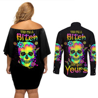 Yes I'm A B But Not Yours Couples Matching Off Shoulder Short Dress and Long Sleeve Button Shirt - Wonder Print Shop