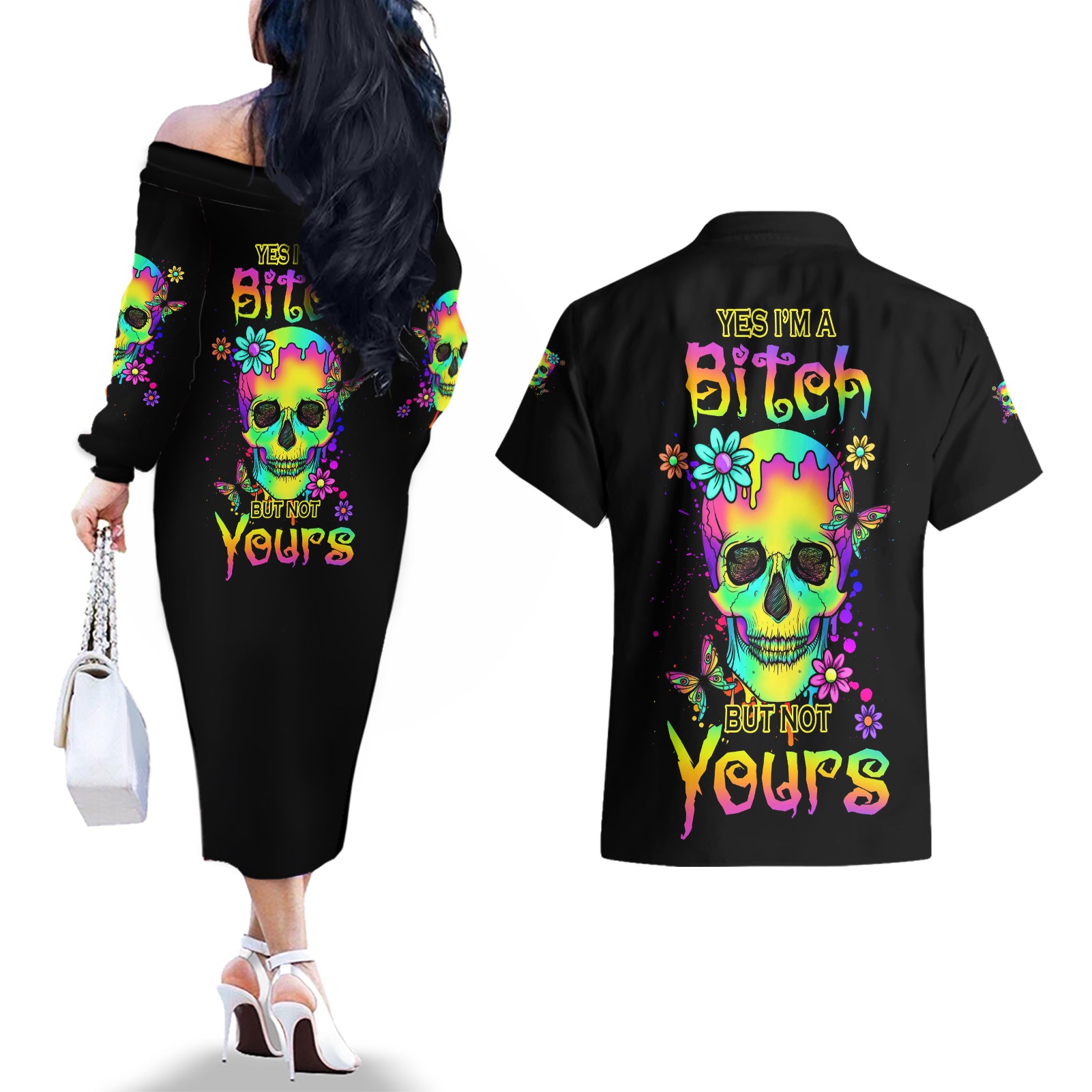 Yes I'm A B But Not Yours Couples Matching Off The Shoulder Long Sleeve Dress and Hawaiian Shirt - Wonder Print Shop