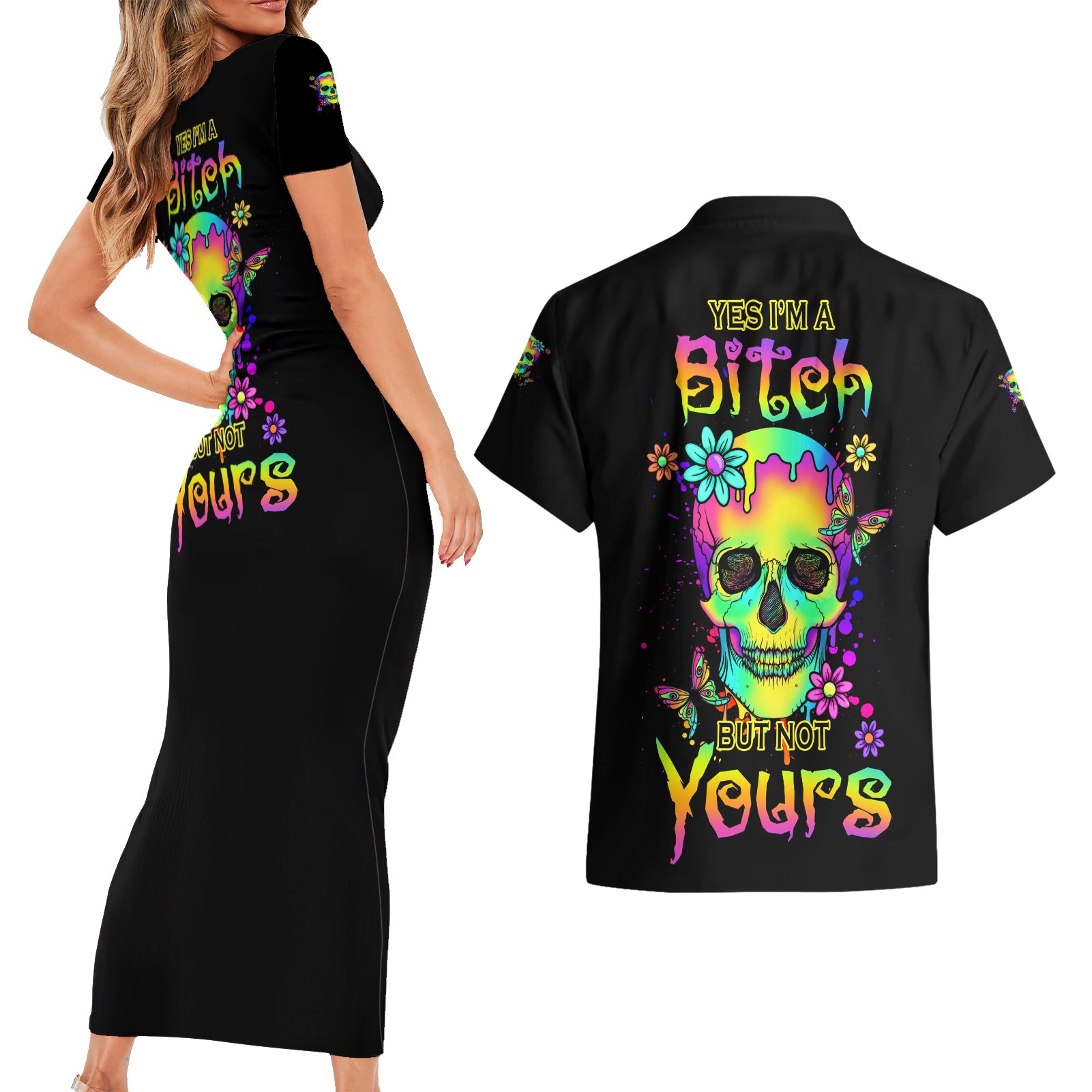Yes I'm A B But Not Yours Couples Matching Short Sleeve Bodycon Dress and Hawaiian Shirt - Wonder Print Shop