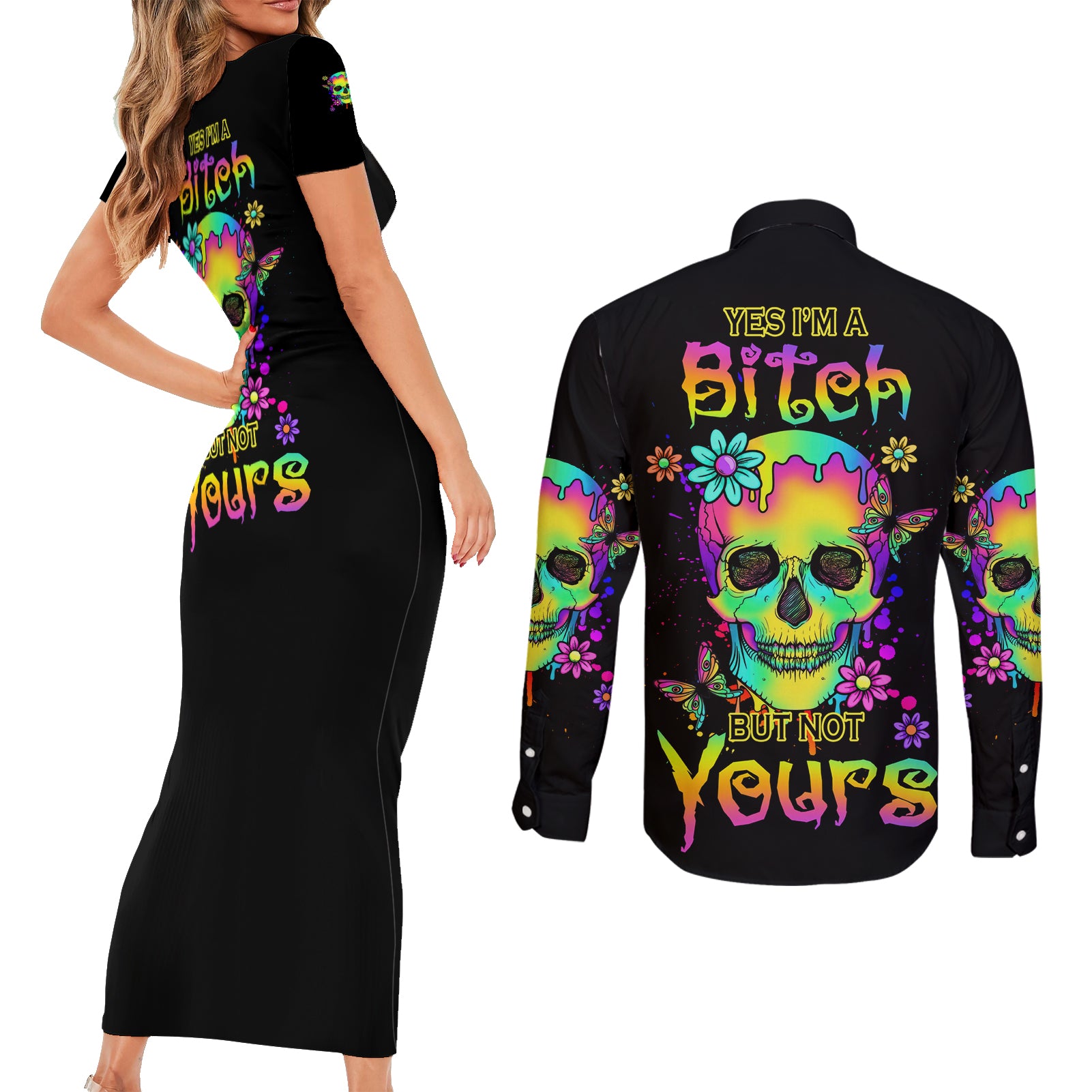 Yes I'm A B But Not Yours Couples Matching Short Sleeve Bodycon Dress and Long Sleeve Button Shirt - Wonder Print Shop