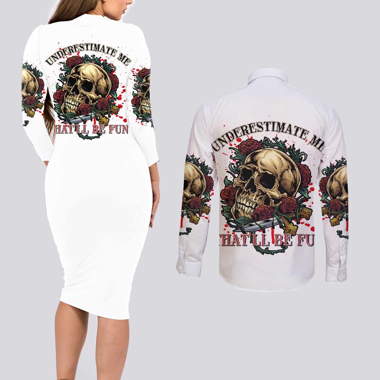 Underestimate Me That'll Be Fun Couples Matching Long Sleeve Bodycon Dress and Long Sleeve Button Shirt - Wonder Print Shop