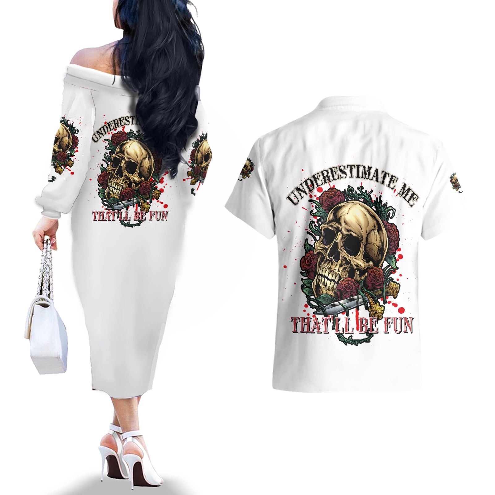 Underestimate Me That'll Be Fun Couples Matching Off The Shoulder Long Sleeve Dress and Hawaiian Shirt - Wonder Print Shop