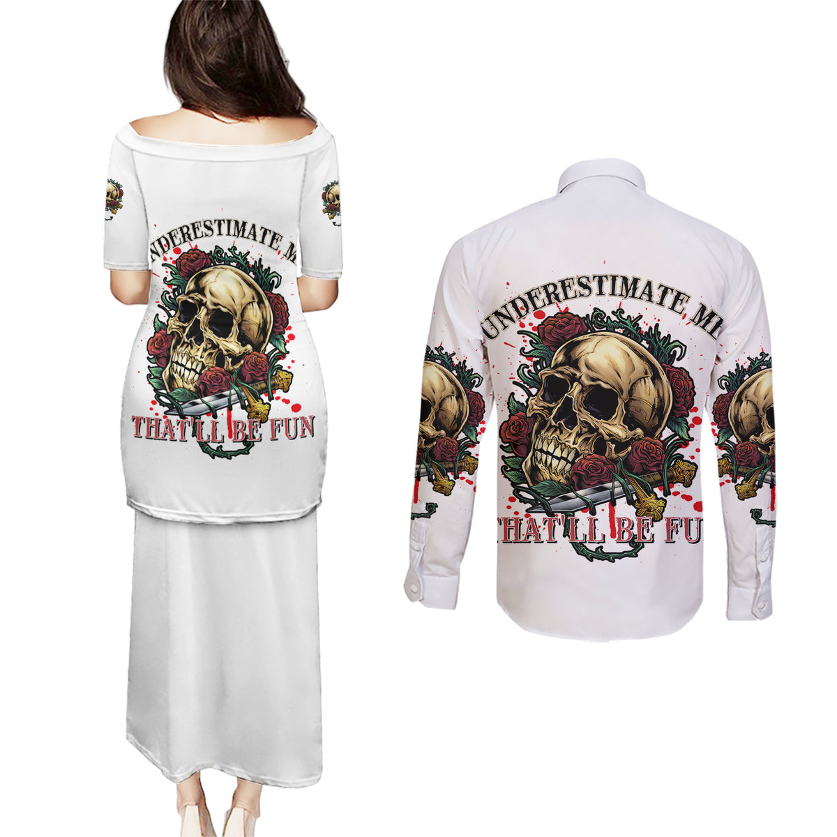 Underestimate Me That'll Be Fun Couples Matching Puletasi Dress and Long Sleeve Button Shirt - Wonder Print Shop