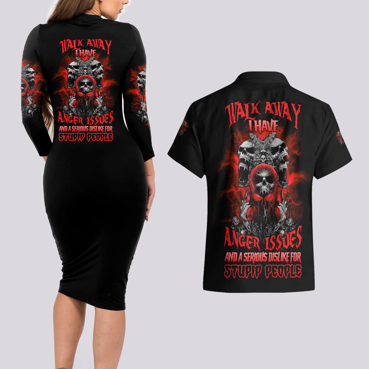 Walk Away I Have Anger Issues Skull Couples Matching Long Sleeve Bodycon Dress and Hawaiian Shirt - Wonder Print Shop