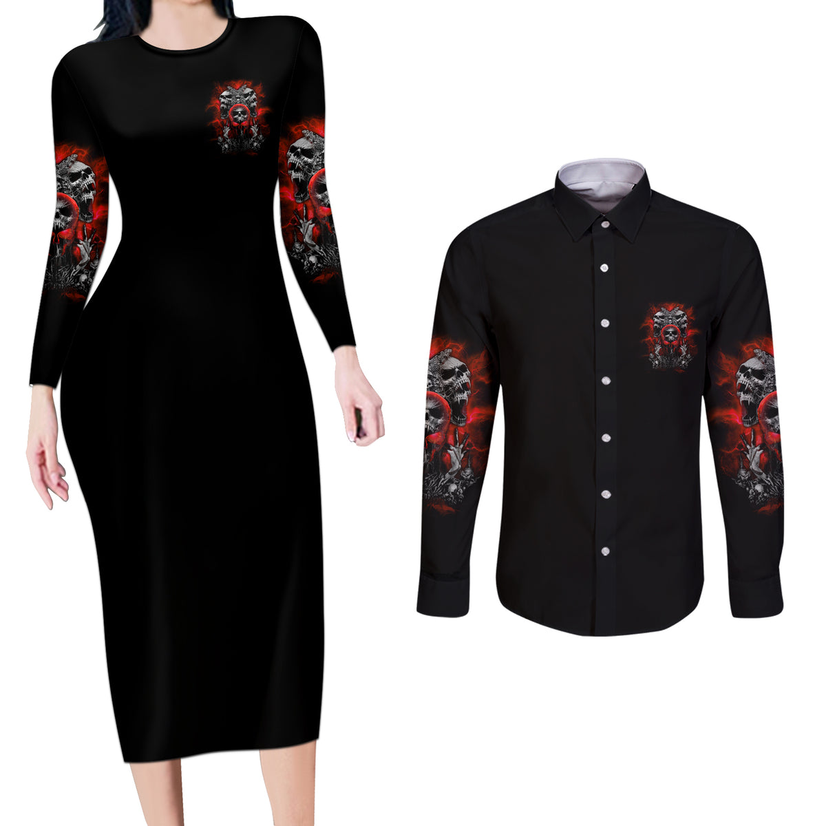 Walk Away I Have Anger Issues Skull Couples Matching Long Sleeve Bodycon Dress and Long Sleeve Button Shirt - Wonder Print Shop