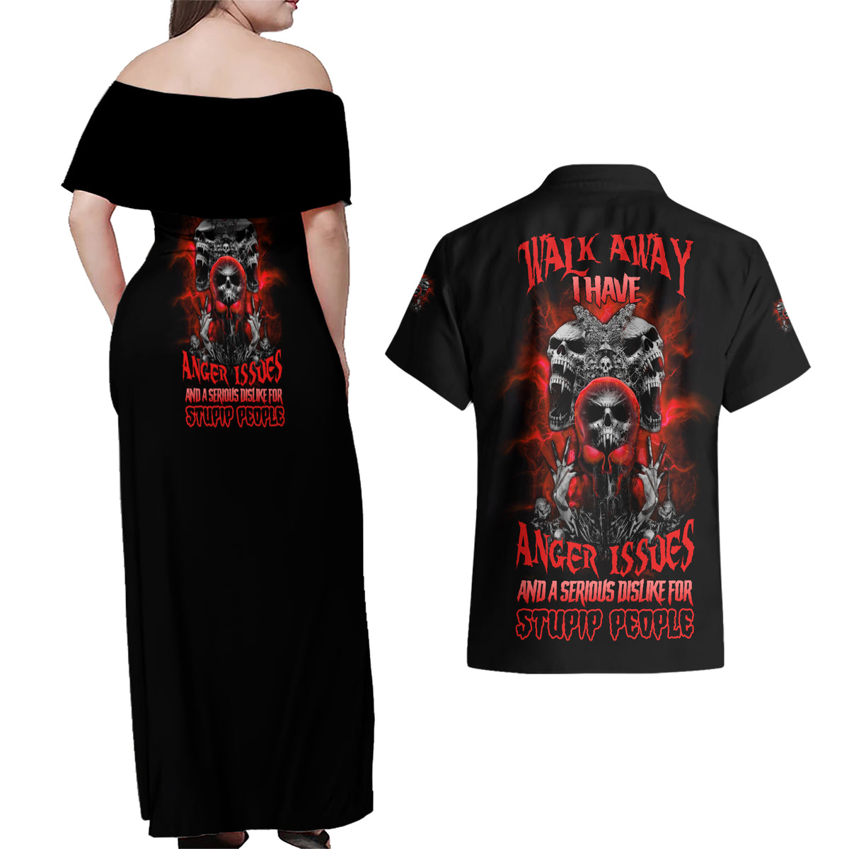 Walk Away I Have Anger Issues Skull Couples Matching Off Shoulder Maxi Dress and Hawaiian Shirt - Wonder Print Shop