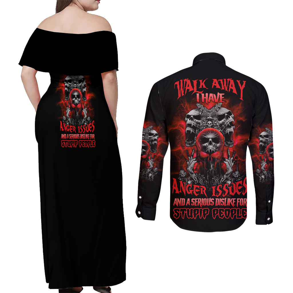 Walk Away I Have Anger Issues Skull Couples Matching Off Shoulder Maxi Dress and Long Sleeve Button Shirt - Wonder Print Shop