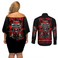 Walk Away I Have Anger Issues Skull Couples Matching Off Shoulder Short Dress and Long Sleeve Button Shirt - Wonder Print Shop