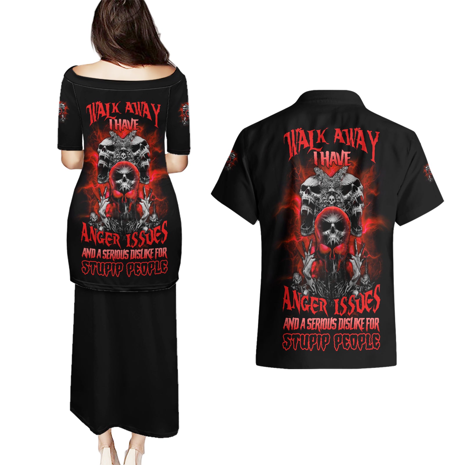 Walk Away I Have Anger Issues Skull Couples Matching Puletasi Dress and Hawaiian Shirt - Wonder Print Shop