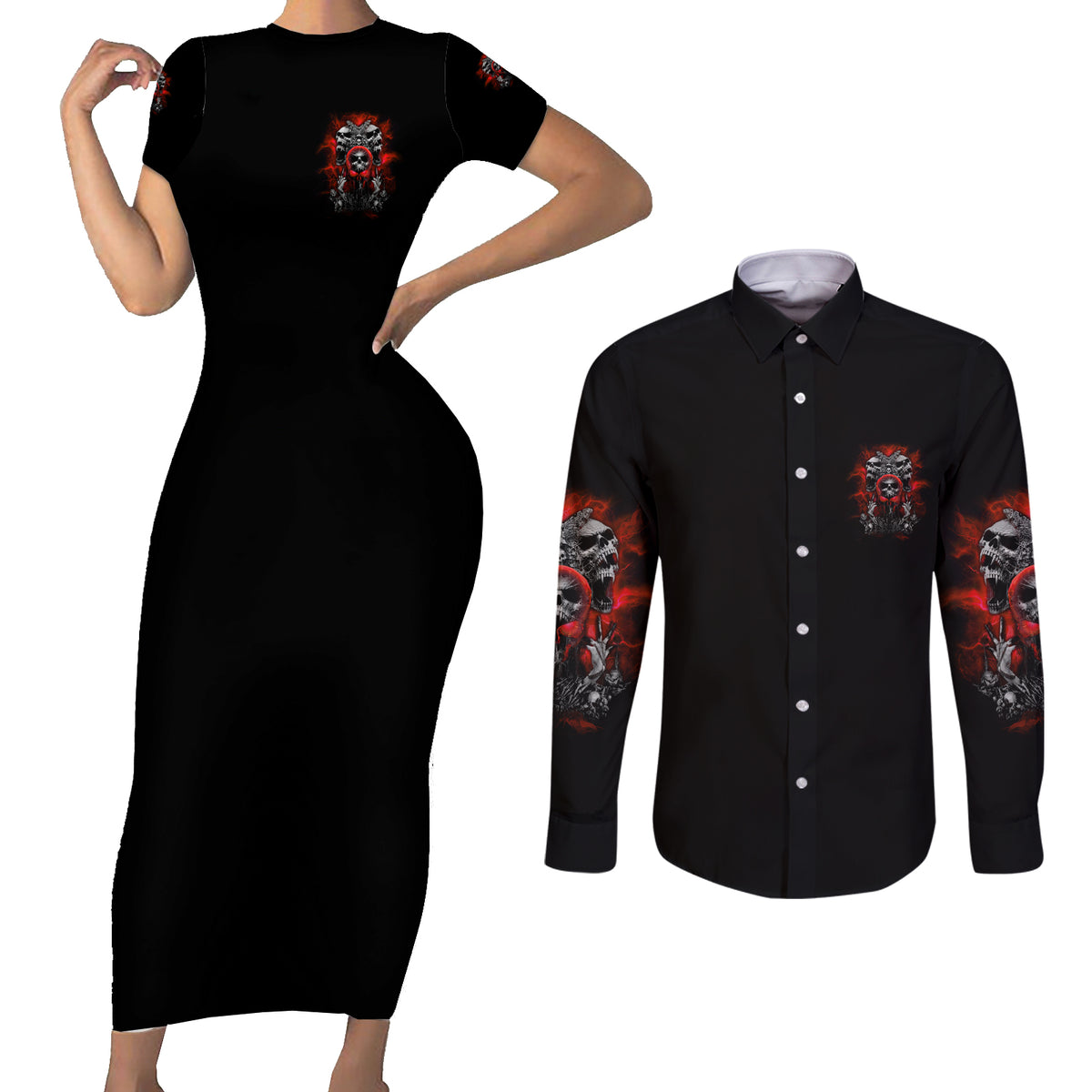 Walk Away I Have Anger Issues Skull Couples Matching Short Sleeve Bodycon Dress and Long Sleeve Button Shirt - Wonder Print Shop