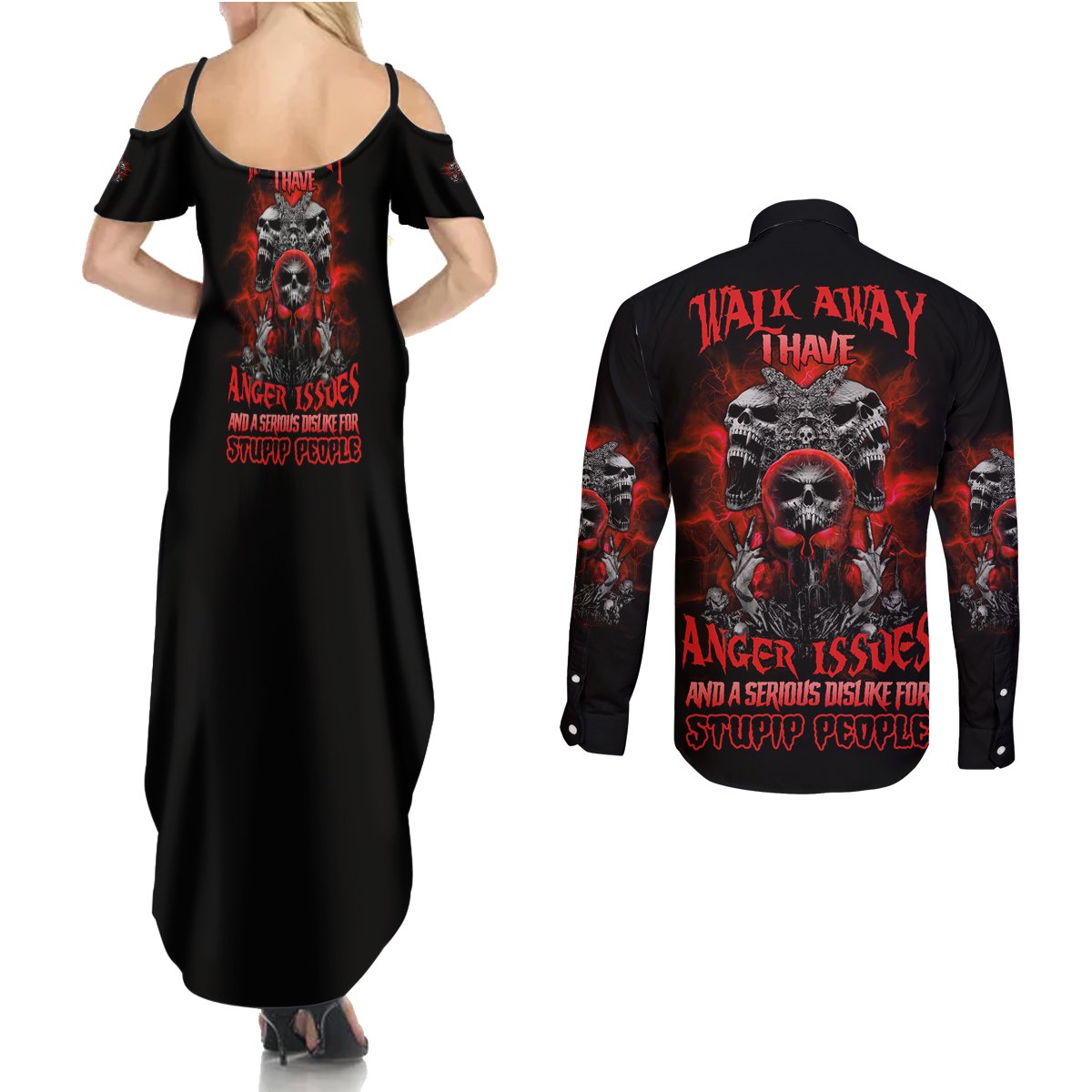Walk Away I Have Anger Issues Skull Couples Matching Summer Maxi Dress and Long Sleeve Button Shirt - Wonder Print Shop
