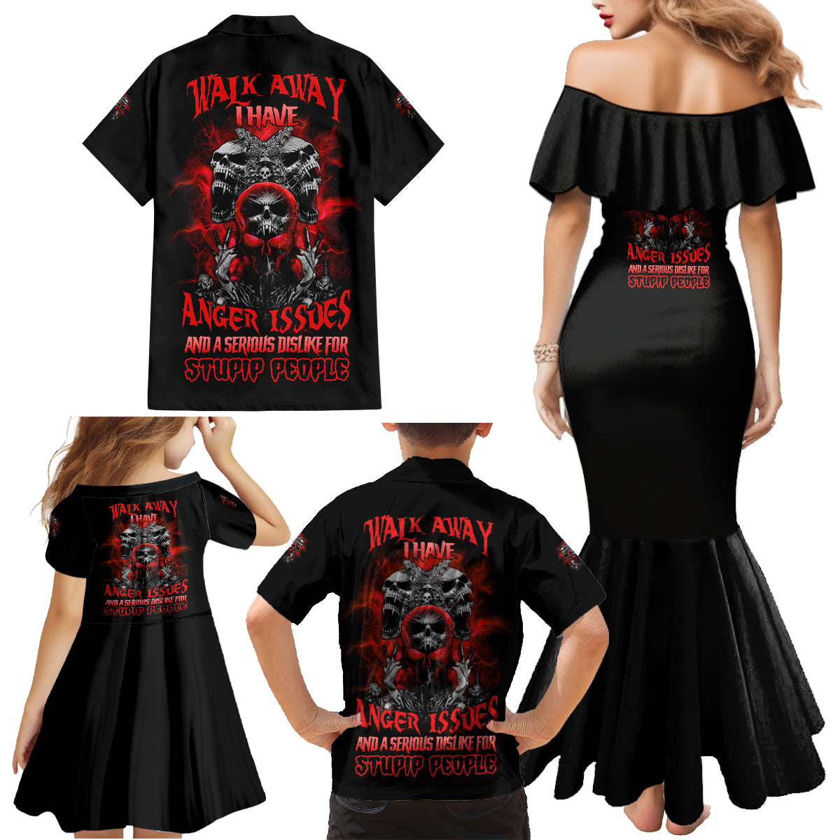 Walk Away I Have Anger Issues Skull Family Matching Mermaid Dress and Hawaiian Shirt - Wonder Print Shop