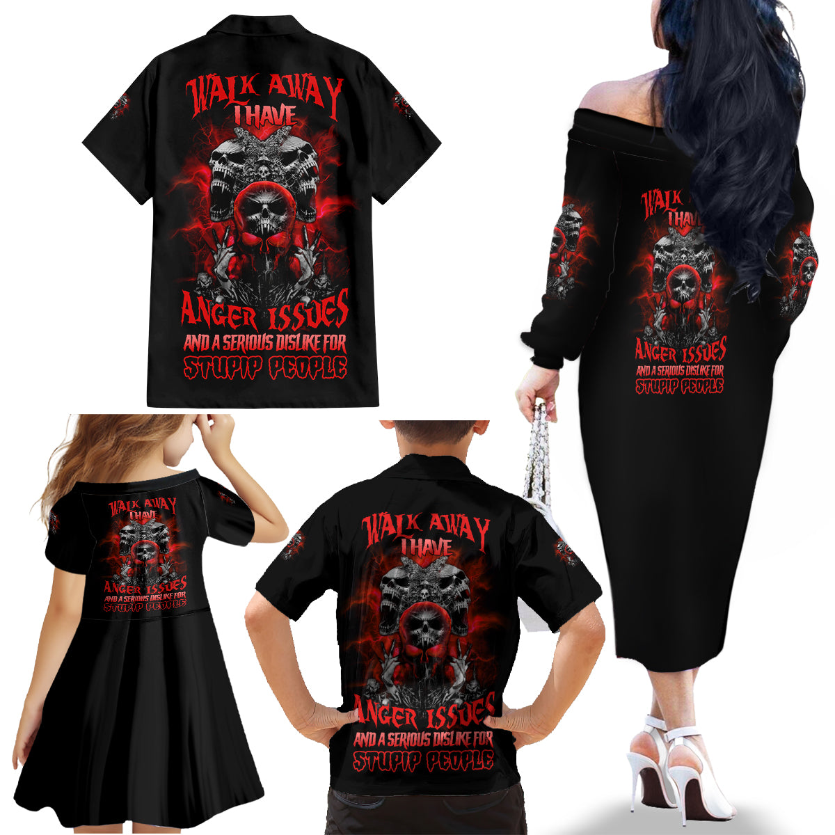 Walk Away I Have Anger Issues Skull Family Matching Off Shoulder Long Sleeve Dress and Hawaiian Shirt - Wonder Print Shop