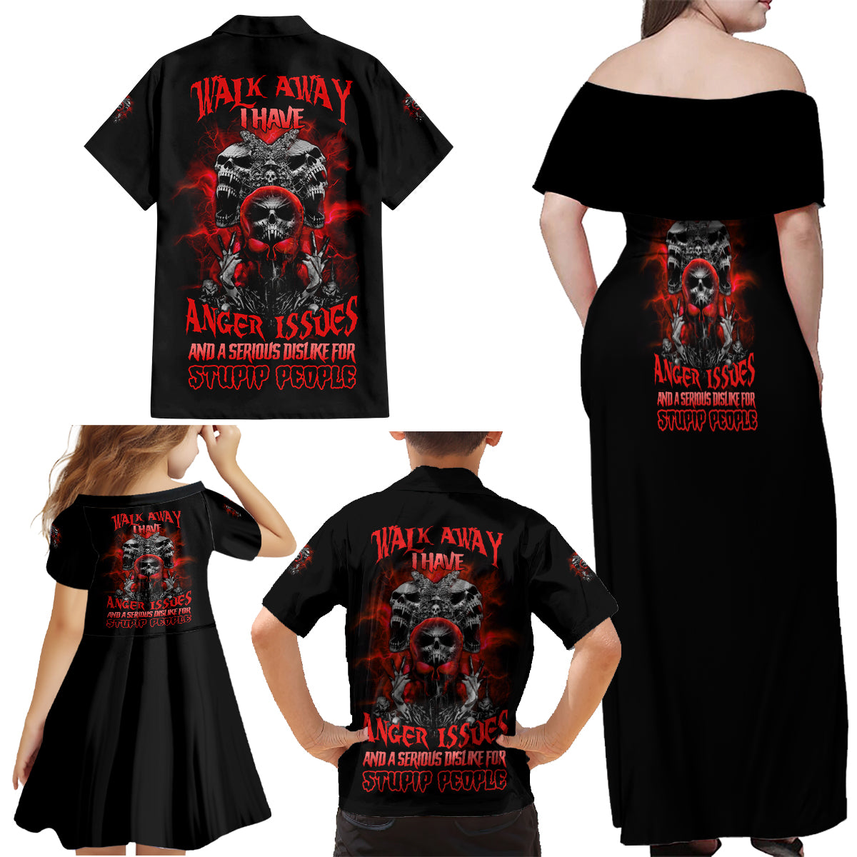 Walk Away I Have Anger Issues Skull Family Matching Off Shoulder Maxi Dress and Hawaiian Shirt - Wonder Print Shop