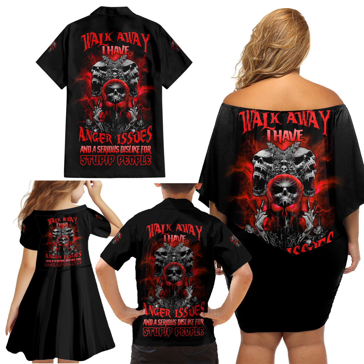 Walk Away I Have Anger Issues Skull Family Matching Off Shoulder Short Dress and Hawaiian Shirt - Wonder Print Shop