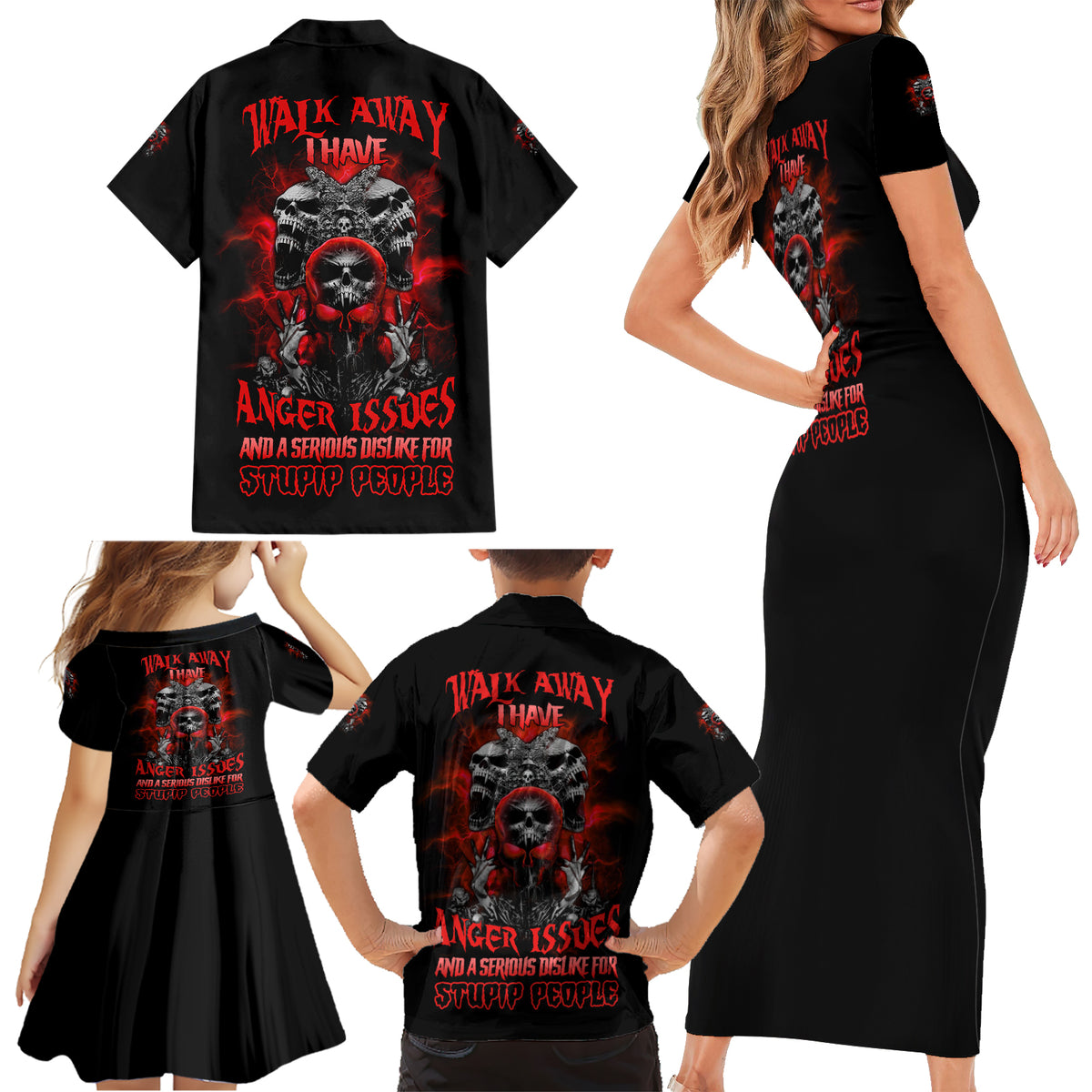 Walk Away I Have Anger Issues Skull Family Matching Short Sleeve Bodycon Dress and Hawaiian Shirt - Wonder Print Shop