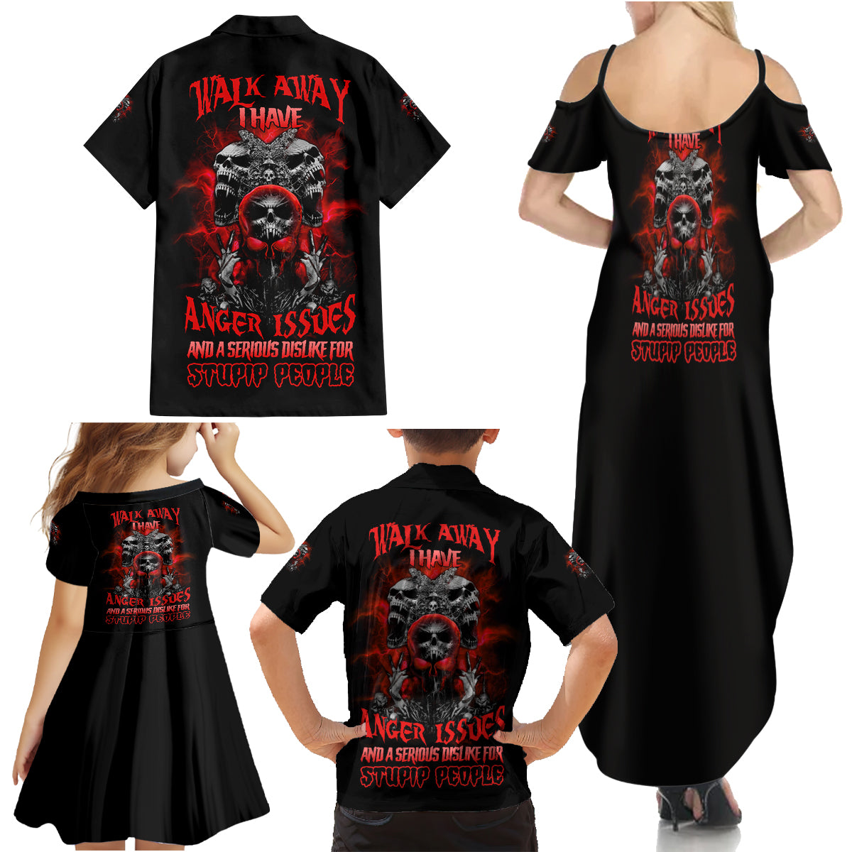 Walk Away I Have Anger Issues Skull Family Matching Summer Maxi Dress and Hawaiian Shirt - Wonder Print Shop